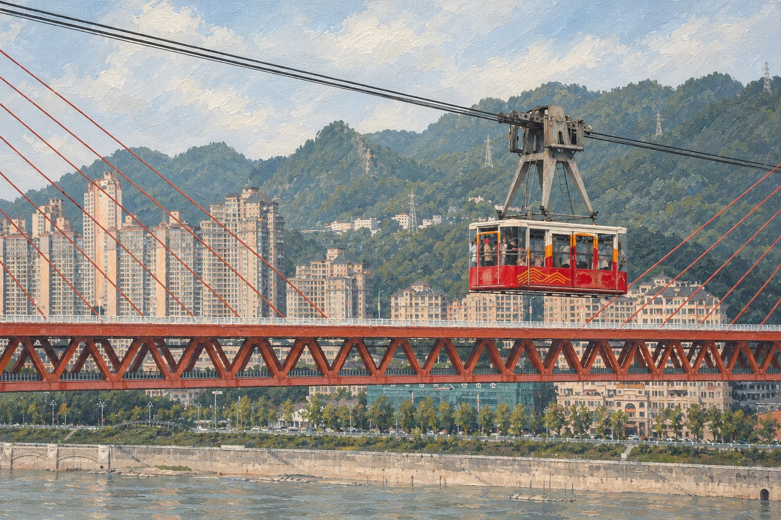 Oil painting of a cable car and bridge in Chongqing