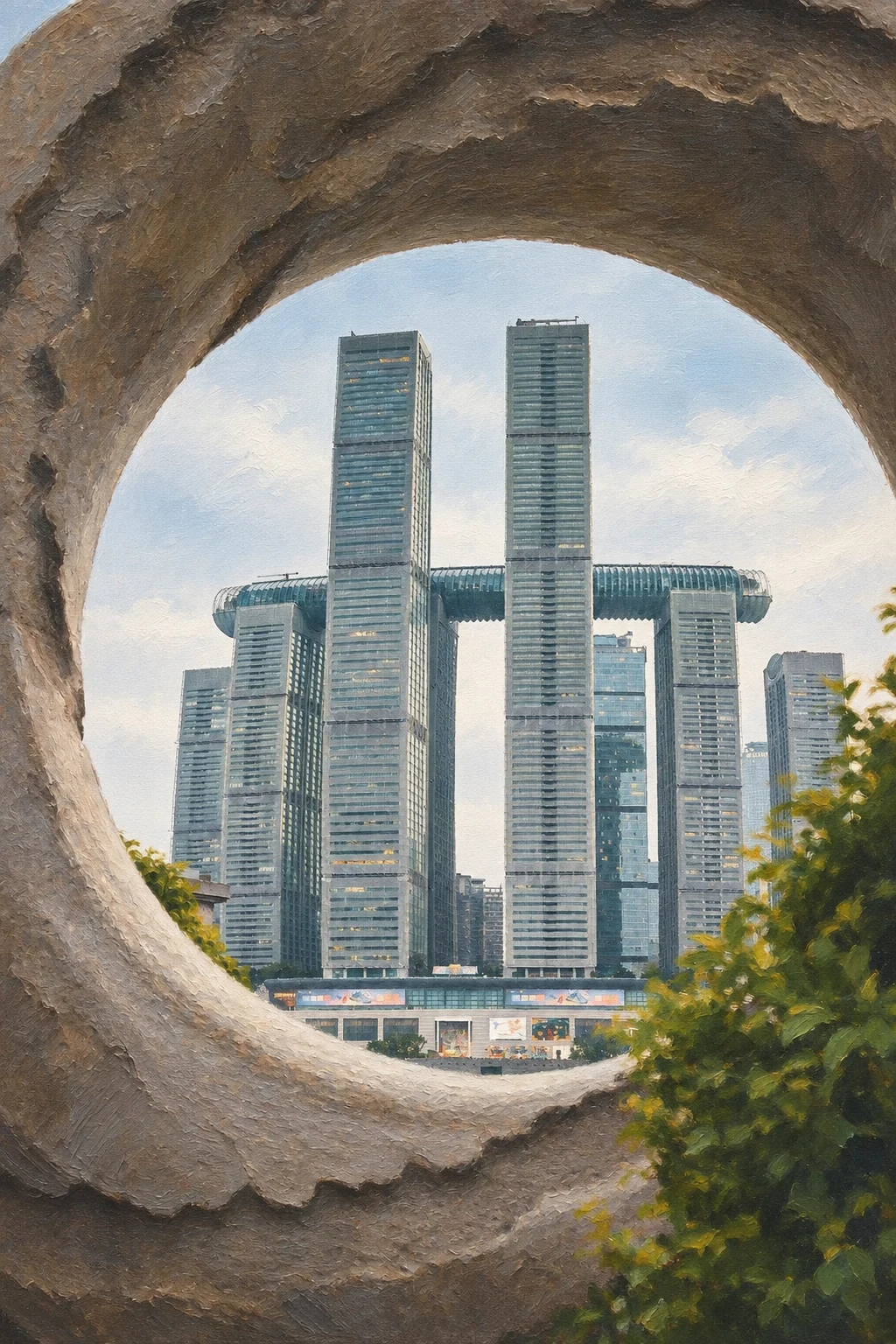 Oil painting of Raffles City Chongqing framed by a circular opening